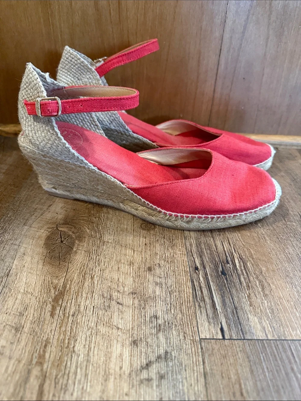 Toni Pins Red Ankle-Strap Espadrille Wedges